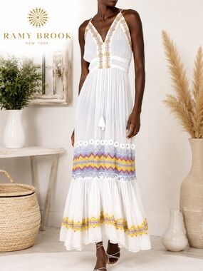 Ramy Brook NWT Sienna Maxi Dress in White Multi Intricate Embroidery Sz Small